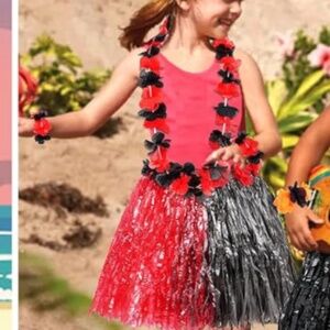 RED/Black Girl's Hawaiian Hula Grass Skirt Matching Elastic Halloween NEW